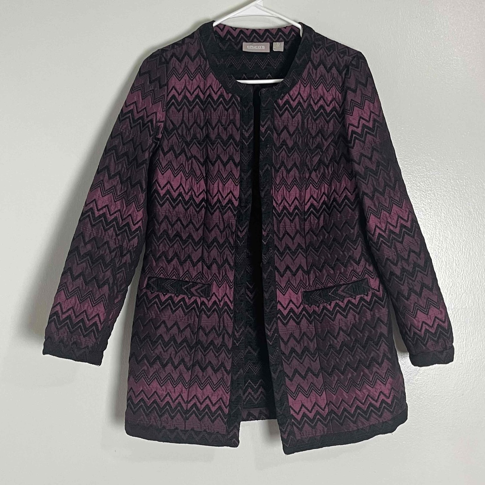 Chico Purple‎ Black Quilted Abstract Coat Jacket Size Small - Picture 7 of 11
